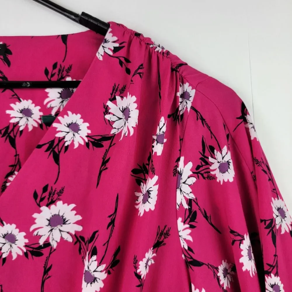 Lane Bryant Blouse Women 26/28 Pink Floral Print Bat Flared Sleeve Kimono Belted - Picture 10 of 14